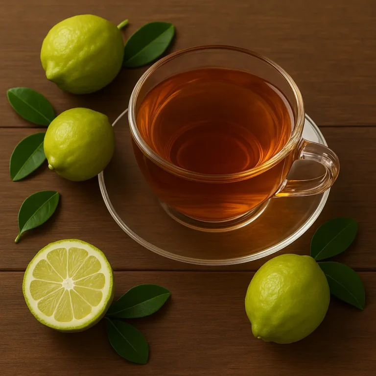كوب من شاي البرغموت بجانبه حبات برغموت طازجة وأوراق خضراء - مشروب طبيعي صحي لتعزيز صحة القلب وخفض الكوليسترول بنكهة فريدة.