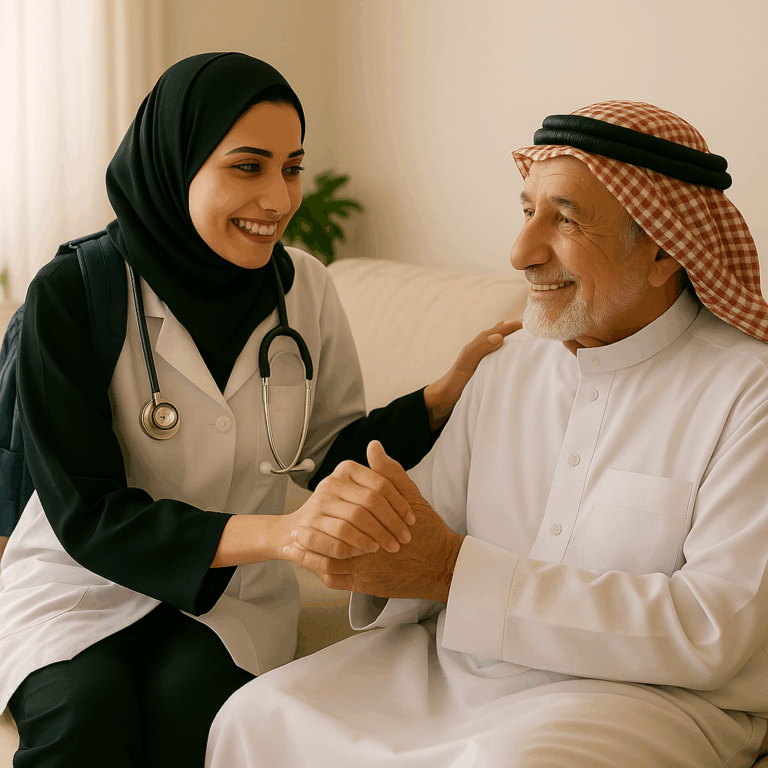 مقدم رعاية يرتدي زيًّا طبيًّا مُنسّقًا يساعد مسنًا سعوديًا جالسًا على كرسيّ في غرفة معيشة منزلية مزخرفة بعناصر ديكور عربي تقليدي، مع إضاءة دافئة تعكس أجواء الراحة والأمان.